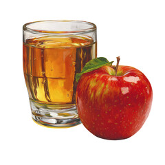 Apple juice in shot glass next to a red apple