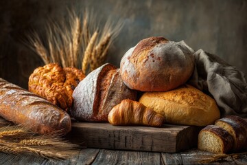 Assorted breads and wheat stalks on a wooden board
