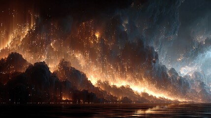 Ethereal landscape with glowing lights descending over dark water, inspiring imagination and wonder, perfect for fantasy themes or atmospheric projects