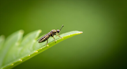 Close-up of a small mosquito-like fly perched gracefully on a vibrant green leaf with soft bokeh