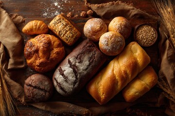 Variety of baked goods on rustic wooden surface