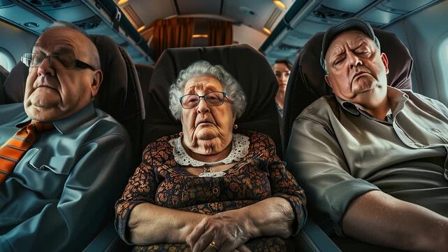 Old passengers looking uncomfortable and complaining on a cramped airplane