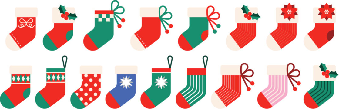 Collection of colorful Christmas stockings vector illustrations, perfect for holiday decorations, festive design projects, greeting cards, and seasonal patterns.