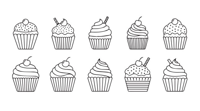 Collection of ten delicious cupcake illustrations in a charming black and white silhouette style