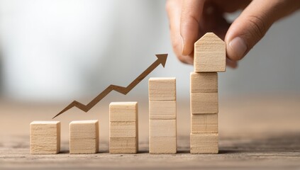 Wooden blocks forming a rising graph, with a hand placing another block on top