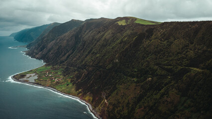 Aerial View of Fajã dos cubres and da Caldeira de Santo Cristo, São Jorge Island, Azores
