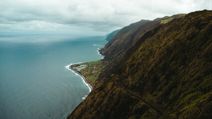 Aerial View of Fajã dos cubres and da Caldeira de Santo Cristo, São Jorge Island, Azores