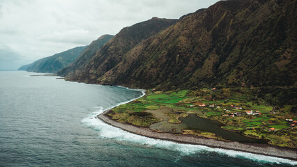 Aerial View of Fajã dos cubres and da Caldeira de Santo Cristo, São Jorge Island, Azores