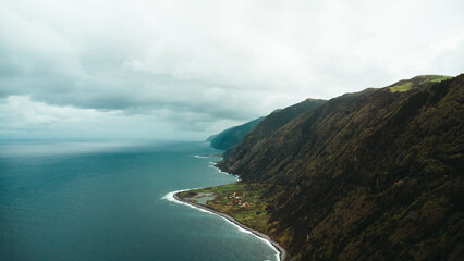 Aerial View of Fajã dos cubres and da Caldeira de Santo Cristo, São Jorge Island, Azores