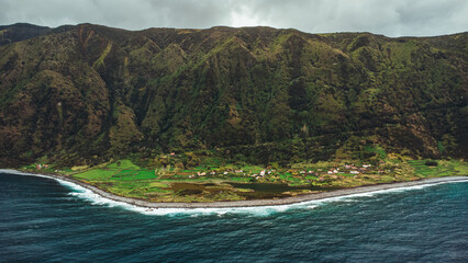 Aerial View of Fajã dos cubres and da Caldeira de Santo Cristo, São Jorge Island, Azores