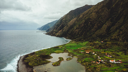 Aerial View of Fajã dos cubres and da Caldeira de Santo Cristo, São Jorge Island, Azores