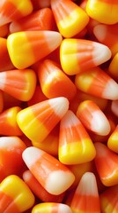Colorful candy corn piled together for autumn celebrations and Halloween festivities
