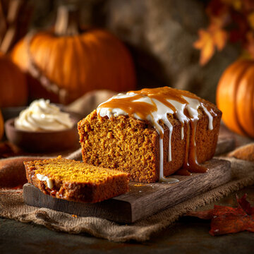 Homemade Pumpkin Bread with Caramel Drizzle and Cream Cheese Frosting