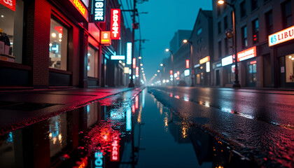 A captivating night scene featuring a neon-lit city street reflected in puddles after a rain