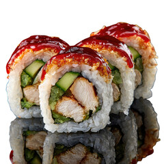 Spicy chicken sushi rolls, glistening with sauce