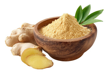 Ground ginger in wooden bowl, fresh ginger slices