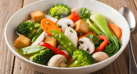 Delicious and Healthy Vegetable Soup with Tofu, a Nutritious Meal on Wooden Background