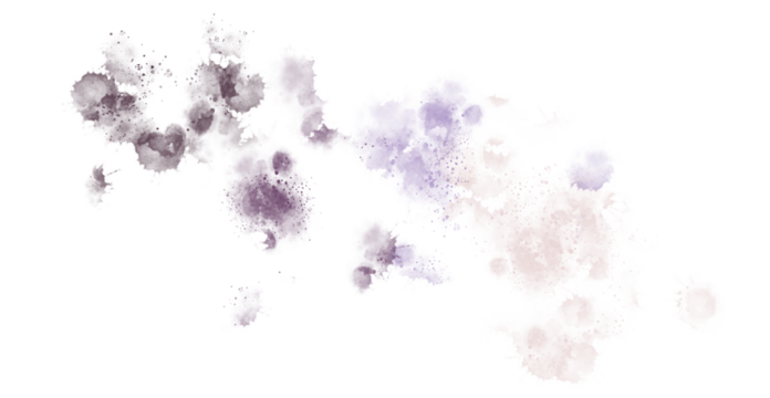 Abstract splatters of purple, lavender, and pink hues float across a stark black