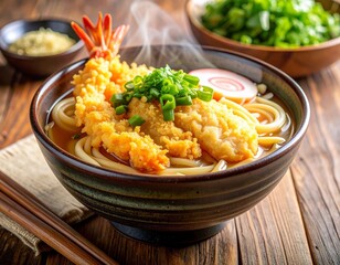 AI-generated illustration of a bowl of udon noodles with tempura shrimp, garnished with green onions