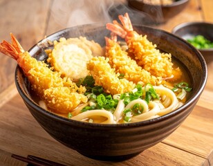 AI-generated illustration of a bowl of udon noodles with tempura shrimp, garnished with green onions
