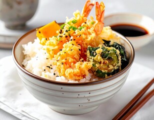 AI-generated illustration of a bowl of Japanese tempura rice with shrimp and vegetables