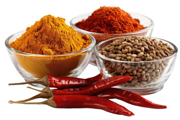 Spice powders and seeds in glass bowls
