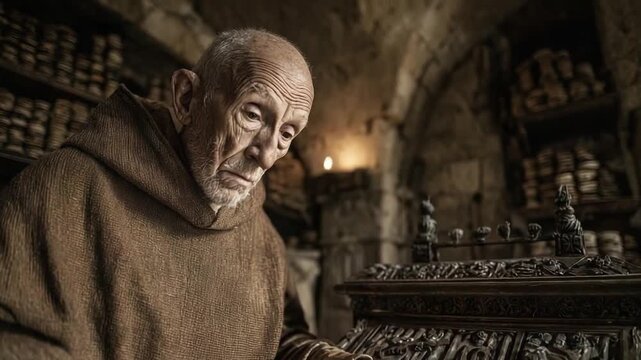 An elderly monk in a brown robe sits at an ornate writing desk in a dim stone monastery, copying a manuscript.