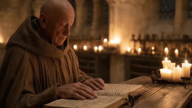 An elderly monk in brown robes reads an open manuscript by candlelight at a wooden lectern inside a dim stone church.