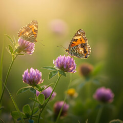 Obraz premium Two butterflies on clover flowers in sunlight.