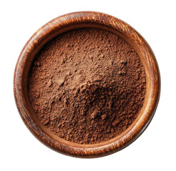 Dark brown cocoa powder in wooden bowl
