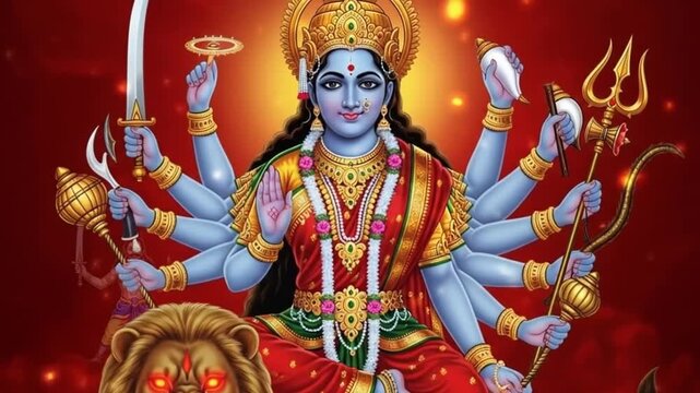 Silhouette of Goddess Durga on Lion .Goddess Durga Riding Lion ,Hindu Deity Durga Mata .Divine Close-Up of Hindu Goddess Durga. Sacred Feminine Power Durga Devi ,Goddess Durga Divine Face Art ... See 