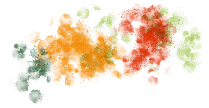 Abstract watercolor painting shows splatters of orange,red and green on a black