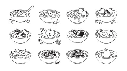 Collection of twelve diverse fruit and yogurt bowls in a clean silhouette style