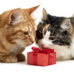 Two adorable kittens curiously sniffing a small red gift box with a ribbon on a white background
