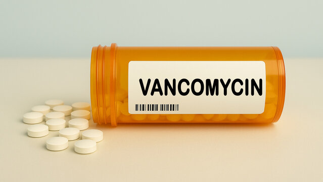 Box of VANCOMYCIN tablets on a hospital pharmacy table used to treat resistant bacterial infections a glycopeptide antibiotic.