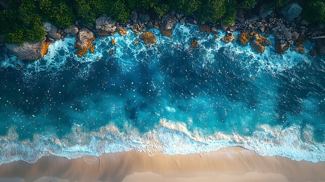 Aerial view of a pristine tropical coastline where lush green vegetation meets rocky shores and vibrant blue ocean waves lapping a sandy beach