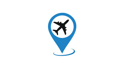 Blue location pin icon with airplane symbol, indicating travel destination.