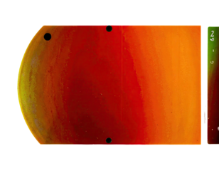 Colorful, curved, rectangular image with gradient hues of orange and red.  Two small dark holes