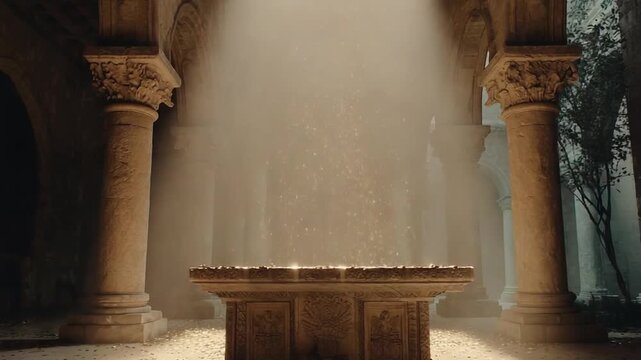 Stone pedestal altar bathed in a dramatic shaft of sunlight in an ancient colonnaded ruin.