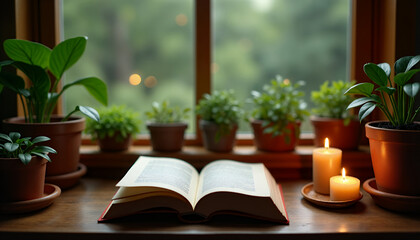 Fototapeta premium A peaceful reading nook by a window, featuring a book, candles, and potted plants. The warm glow of the candles and the greenery creates a cozy, relaxing atmosphere