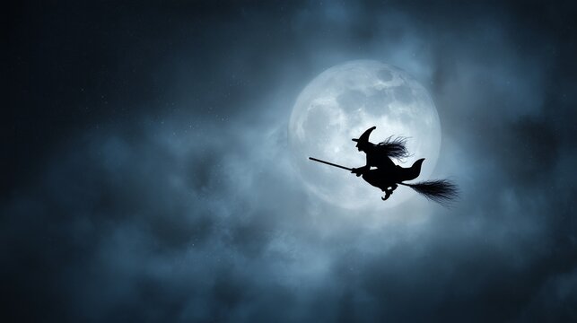 Silhouette of flying witch on broomstick
