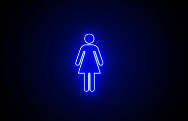 Neon glowing blue color female toilet icon on black background. Neon Bathroom Glyph Icon. Glowing woman toilet symbol icon set, WC pictogram. Girl toilet sign