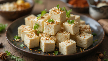 Stacked Tofu Bites with Spice and Herb Topping Dish
