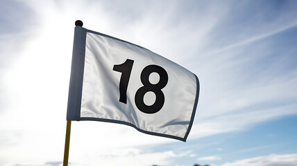 Golf course final hole eighteen flag waving in the wind against a blue sky with white clouds background golf