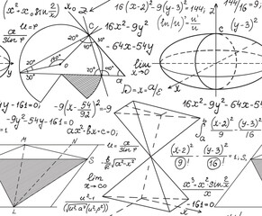 "Back to school" math vector seamless pattern with handwritten plots, formulas and calculations