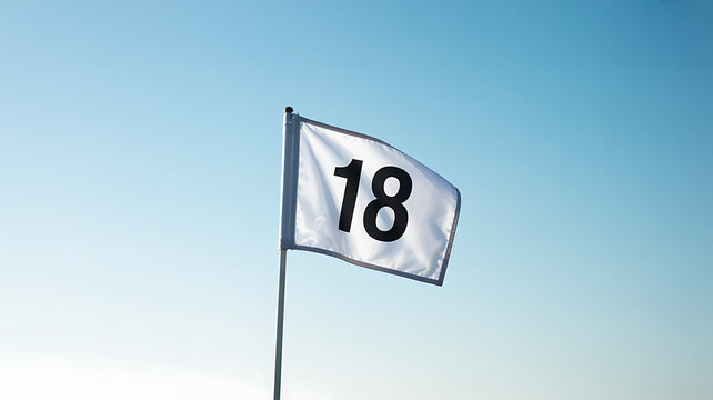 Golf flag marking eighteenth hole waving in wind against blue sky on sunny day outdoors golf