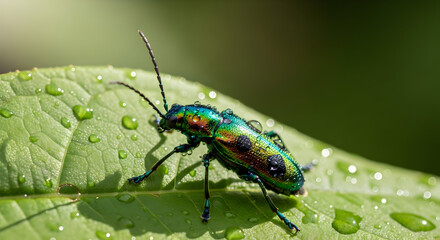 Fototapeta premium Iridescent beetle resting on a leaf covered in water droplets in natural light