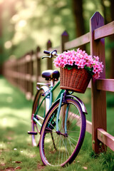 A vintage bicycle with flowers in its front basket is parked in a park.
