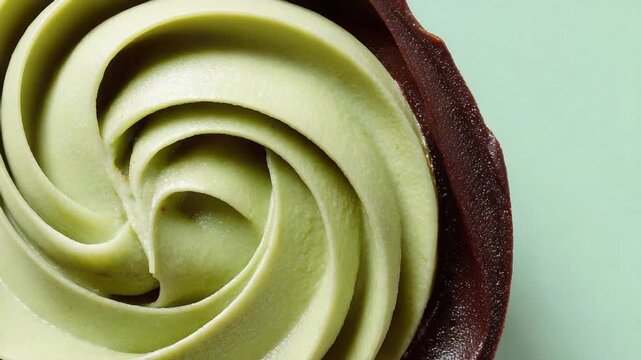Close-up of a cupcake with mint green and dark chocolate frosting swirled in a rosette pattern