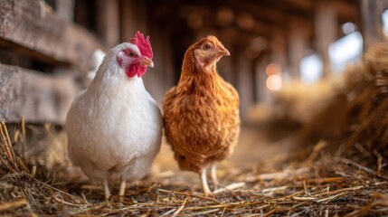 Two chickens one white and one brown stand on hay inside a wooden barn structure